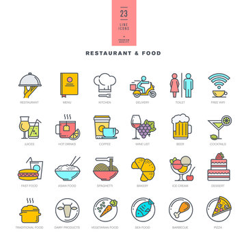 Set of line modern color icons for restaurant and food