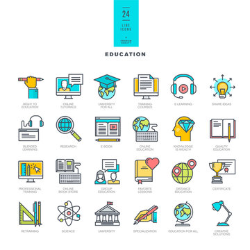 Set of line modern color icons for education