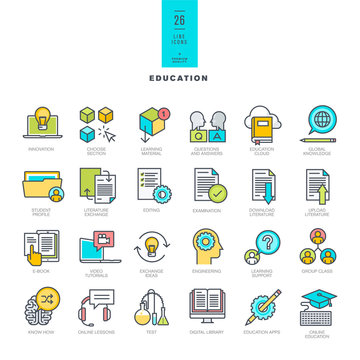 Set of line modern color icons on the theme of education