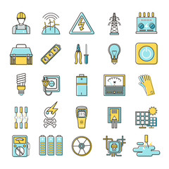 electricity related flat line icons set