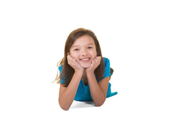 Portrait of a cute school aged little girl isolated on white