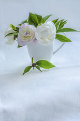 Bouquet of white peonies in vase on background of linen tablecloth.