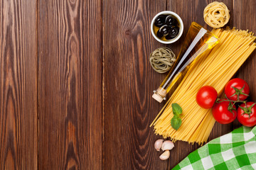 Italian food cooking ingredients. Pasta, vegetables, spices