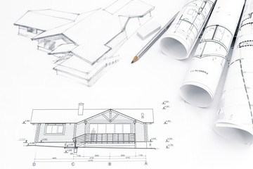 architectural drawing with blueprints and rolls