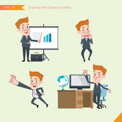 Set of drawing flat character style, business concept  young office worker  activities - presentation, Surprised, ok sign, troubleshooter