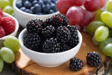 fresh berries and grapes on a wooden table, close-up