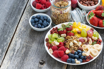 ingredients for a healthy breakfast - berries, fruit, muesli 