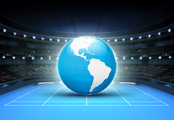 blue world map placed on a blue court set on America