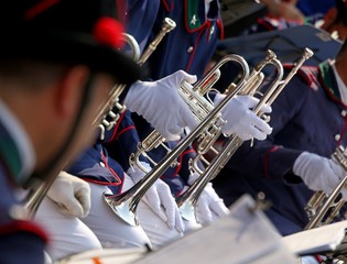 Trumpet players in the band during a performance
