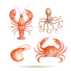 Watercolor set of seafood. © ElenaMedvedeva