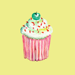 Tasty, bright and sweet muffin with a cherry, painted in watercolor, on a yellow background