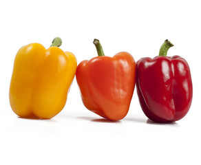 three pepper color yellow, red and orange on white background 