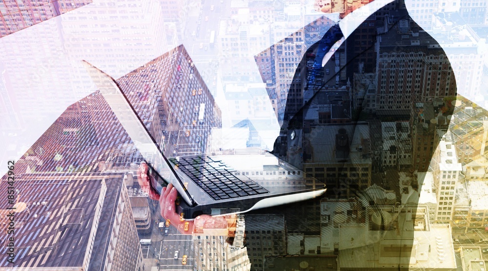 Poster composite image of businessman with watch using tablet pc