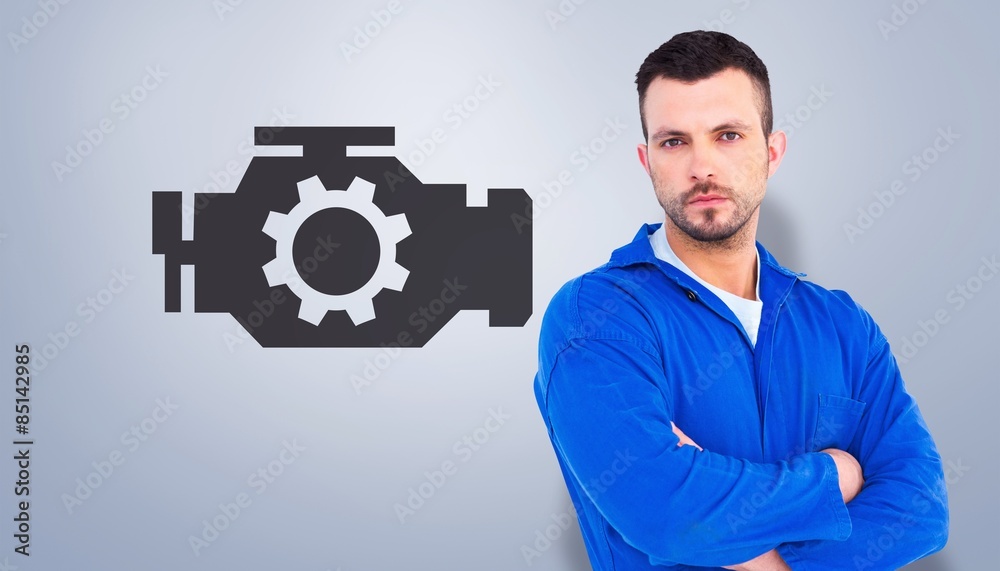 Poster composite image of mechanic standing arms crossed