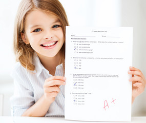 girl with test and grade at school