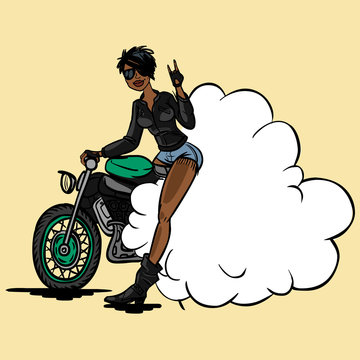 Funny vector cartoon african biker girl in pin-up style isolated