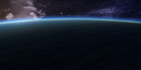 Blue planet with nebula on background.