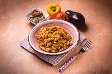 pasta with eggplant capers anchovies and capsicum