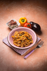pasta with eggplant capers anchovies and capsicum