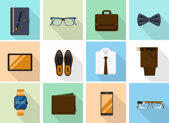 Businessman clothes and gadgets icons in flat style