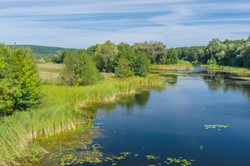 Landscape with Vorskla river at summer season, central Ukraine