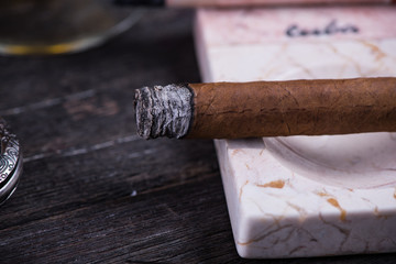 Cuban cigar in expensive marble ashtray