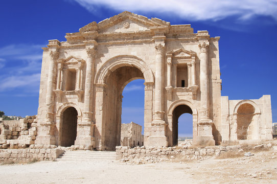 Romans ruins - Ancient Roman city of Jerash of Antiquity , modern Jerash, Jordan