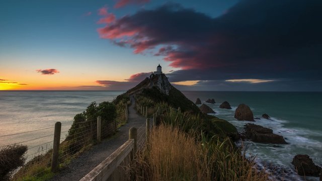Sunrise Time Lapse at Nugget Point Lighthouse, New Zealand.