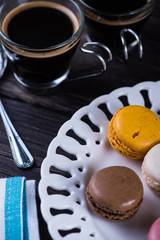 French dessert, macaroons and coffee
