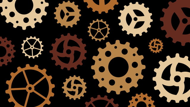 A variety of rotating gears on a black background. Looped animation for your project