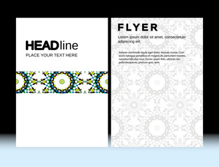 Abstract Moroccan Geometric Brochure Flyer design Layout vector template in A4 size, vertical, free fonts are used. Good document structure.