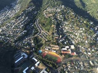 Aerial view of Makiki Heights, Roosevelt High and Tantalus