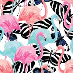 Behang Flamingo flamingo en vlinders patroon