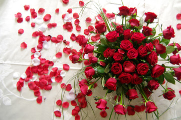 Overhead view of red roses on a table