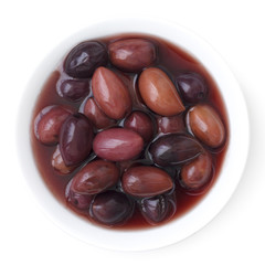 Bowl of Kalamata Greek olives. Isolated from above.