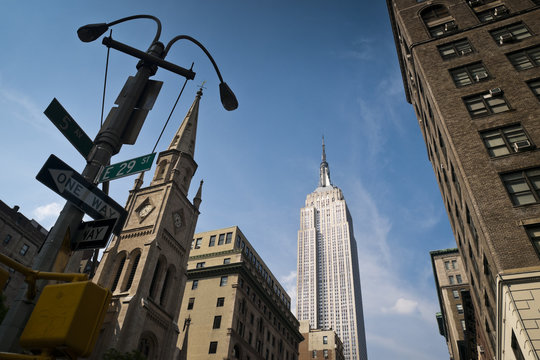 Low angle street view of Manhattan, New York, USA