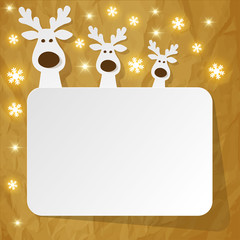 Christmas Reindeer on a crumpled paper brown background with sonowflakes