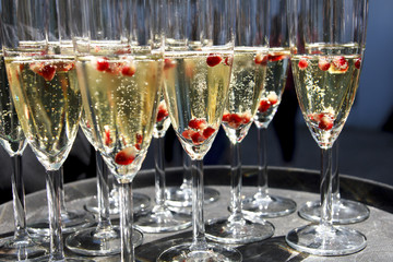 Sparkling champagne flutes on tray with pomegranate seeds. - Powered by Adobe