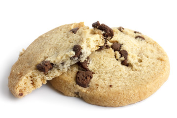 Isolated round chocolate chip shortbread biscuits. Broken piece.