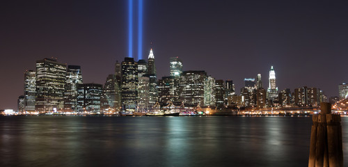 Tribute in Light searchlights illuminating Downtown Manhattan on 9/11, Manhattan, New York, USA