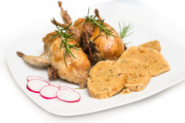 Arrosto di quaglie ripiene, roasted and stuffed quail