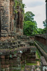 detail of ashlars and wall of laterite in the archaeological pre rup place in siam reap, cambodia