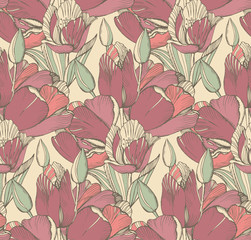 Vector seamless pattern with graphic spring flowers (tulips) in