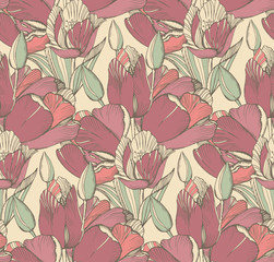 Vector seamless pattern with graphic spring flowers (tulips) in