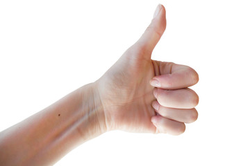 Closeup photo of male hand showing thumbs up sign isolated on white background