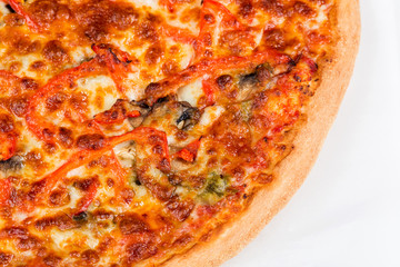 round hot pizza close up top view