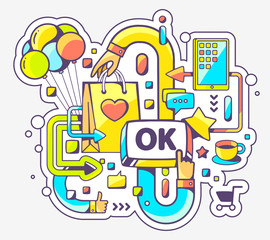 Vector colorful illustration of shopping online and OK button on
