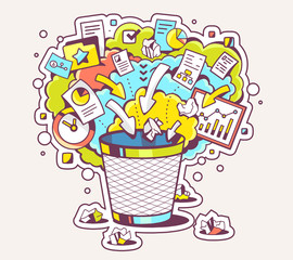 Vector colorful illustration of office trash can and documents o