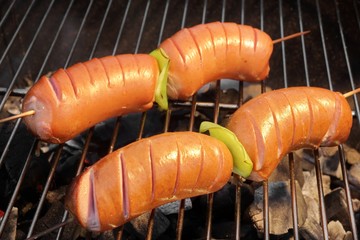 Tasty Sausages On The Hot Barbecue Charcoal Grill Close-up