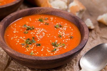 tomatos soup puree on crushed brown paper